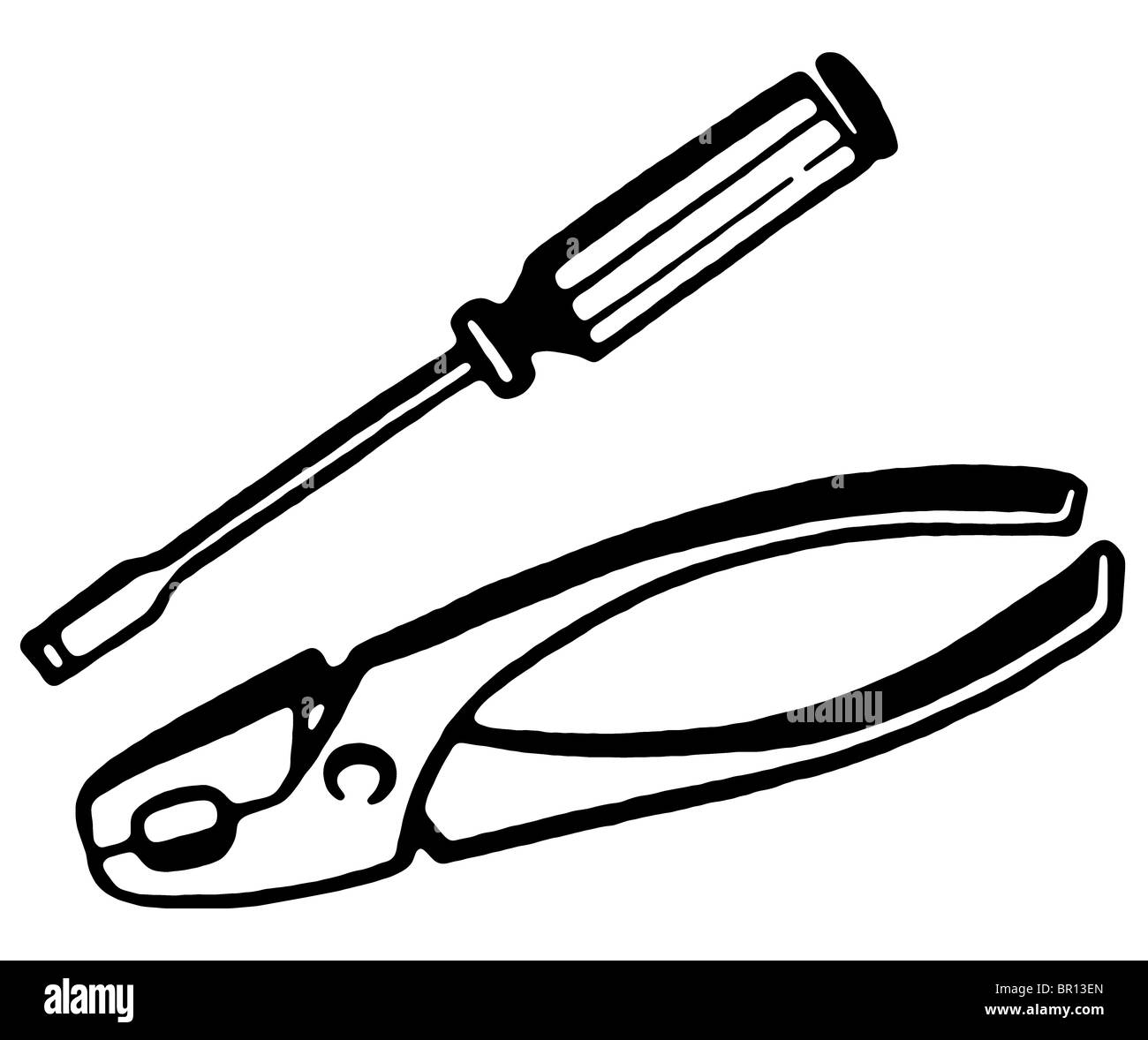 A black and white version of a set of pliers and screwdriver Stock Photo