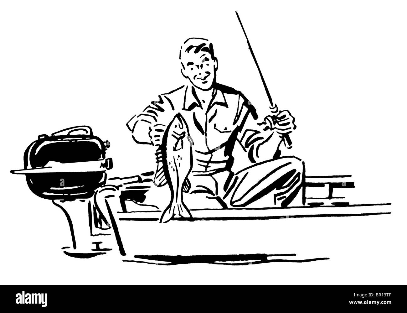 A black and white version of a man on a fishing trip Stock Photo