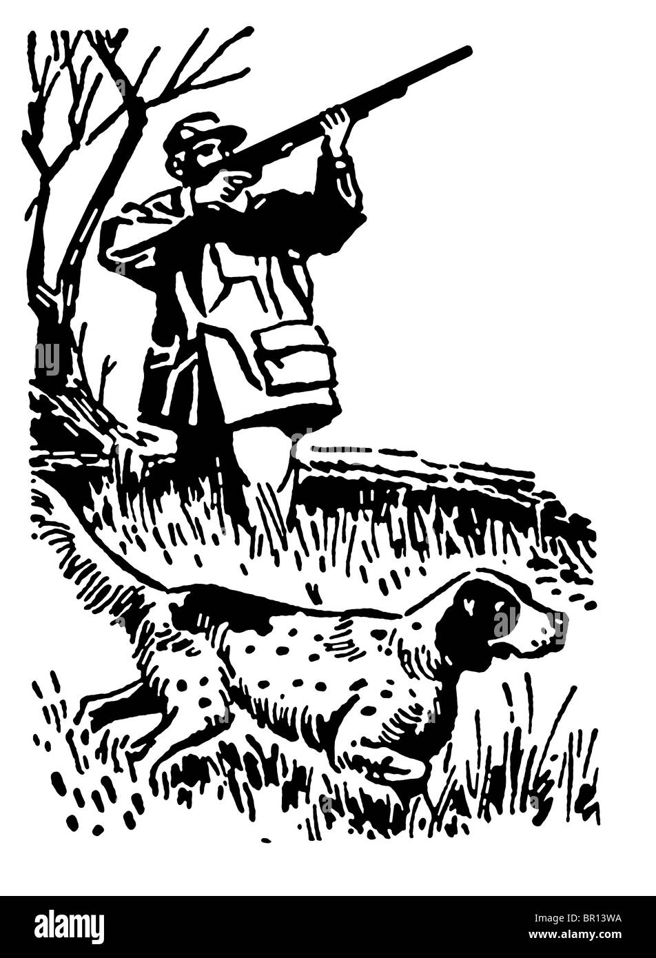 A black and white version of a man pheasant hunting with hounds Stock Photo