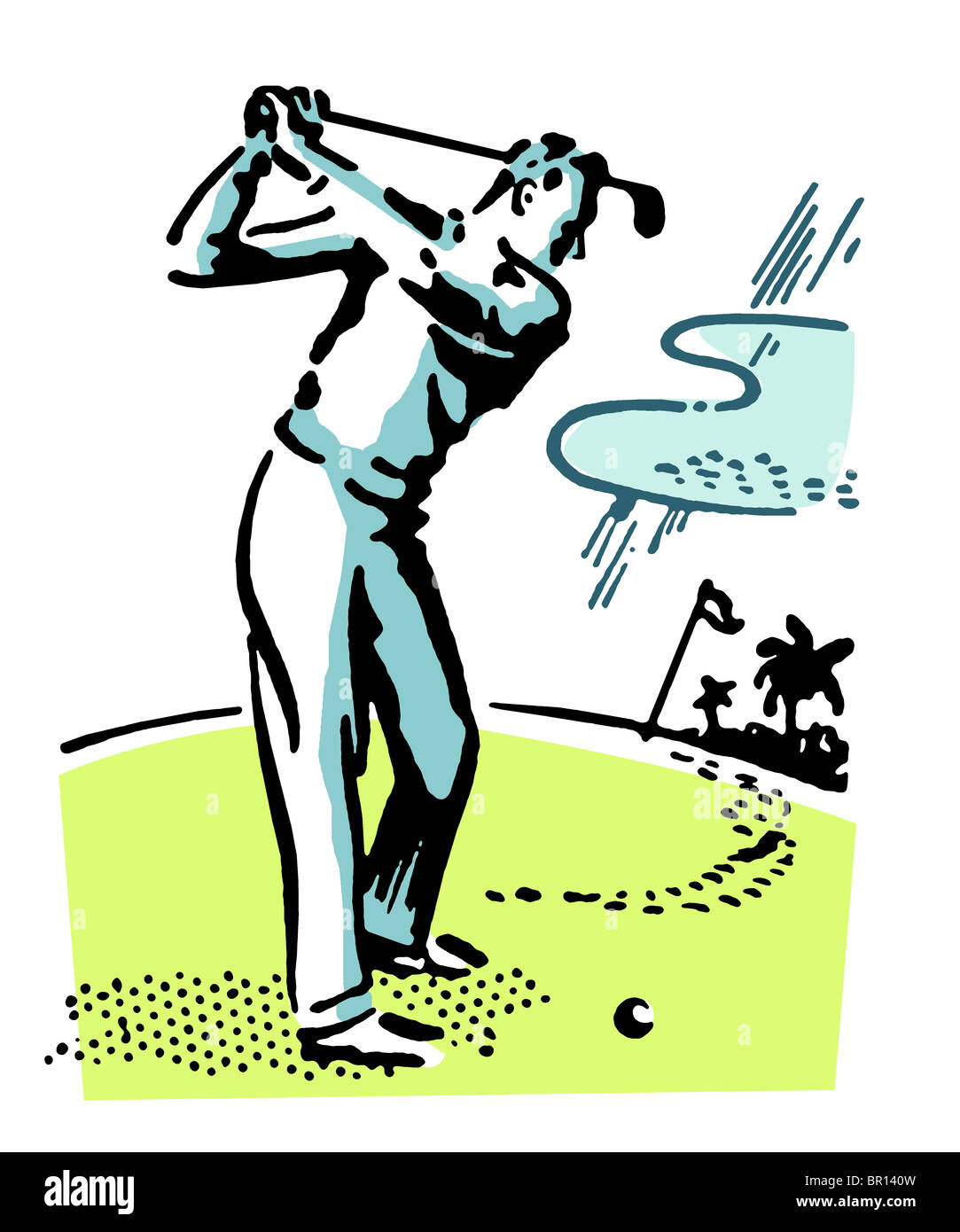 A vintage illustration of a man playing golf Stock Photo