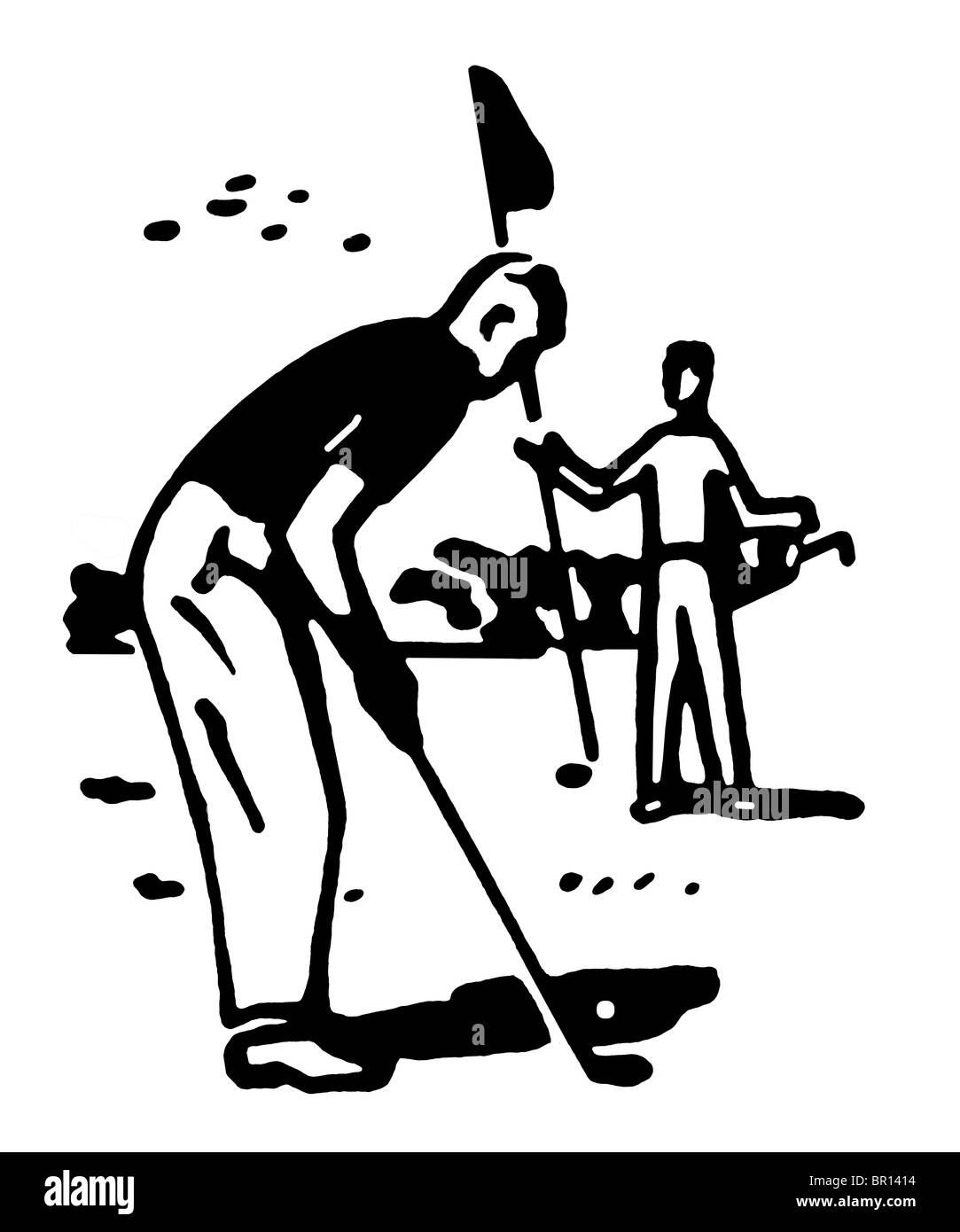 A black and white version of an illustration of a man playing golf Stock Photo