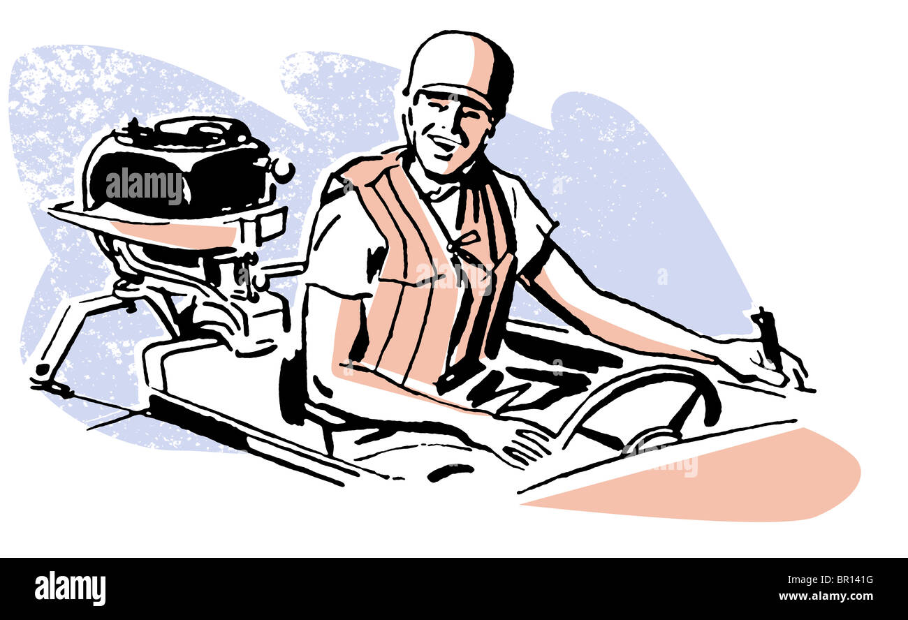 A vintage illustration of a man driving a boat Stock Photo - Alamy
