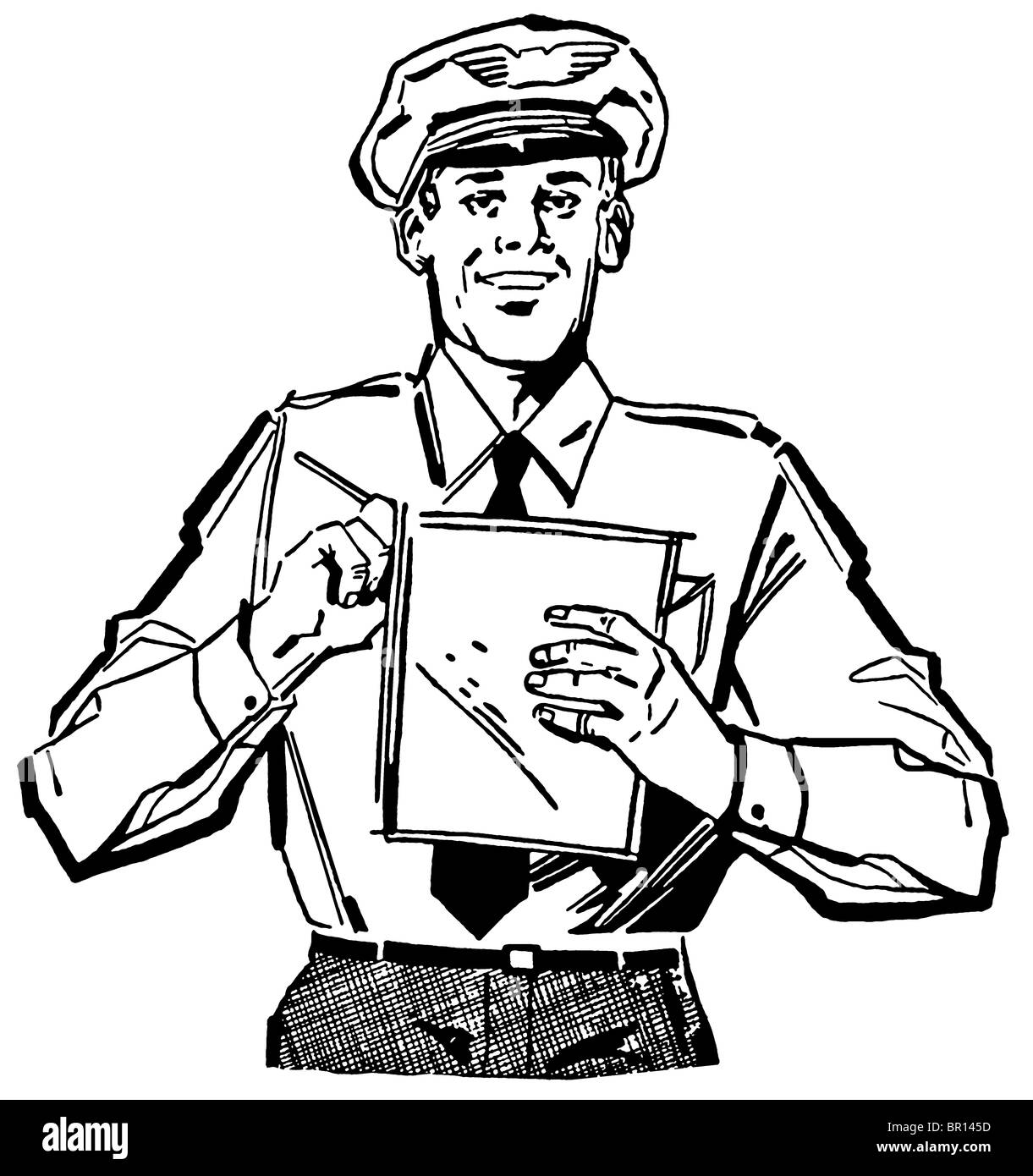 A black and white version of a vintage print of a delivery man Stock Photo