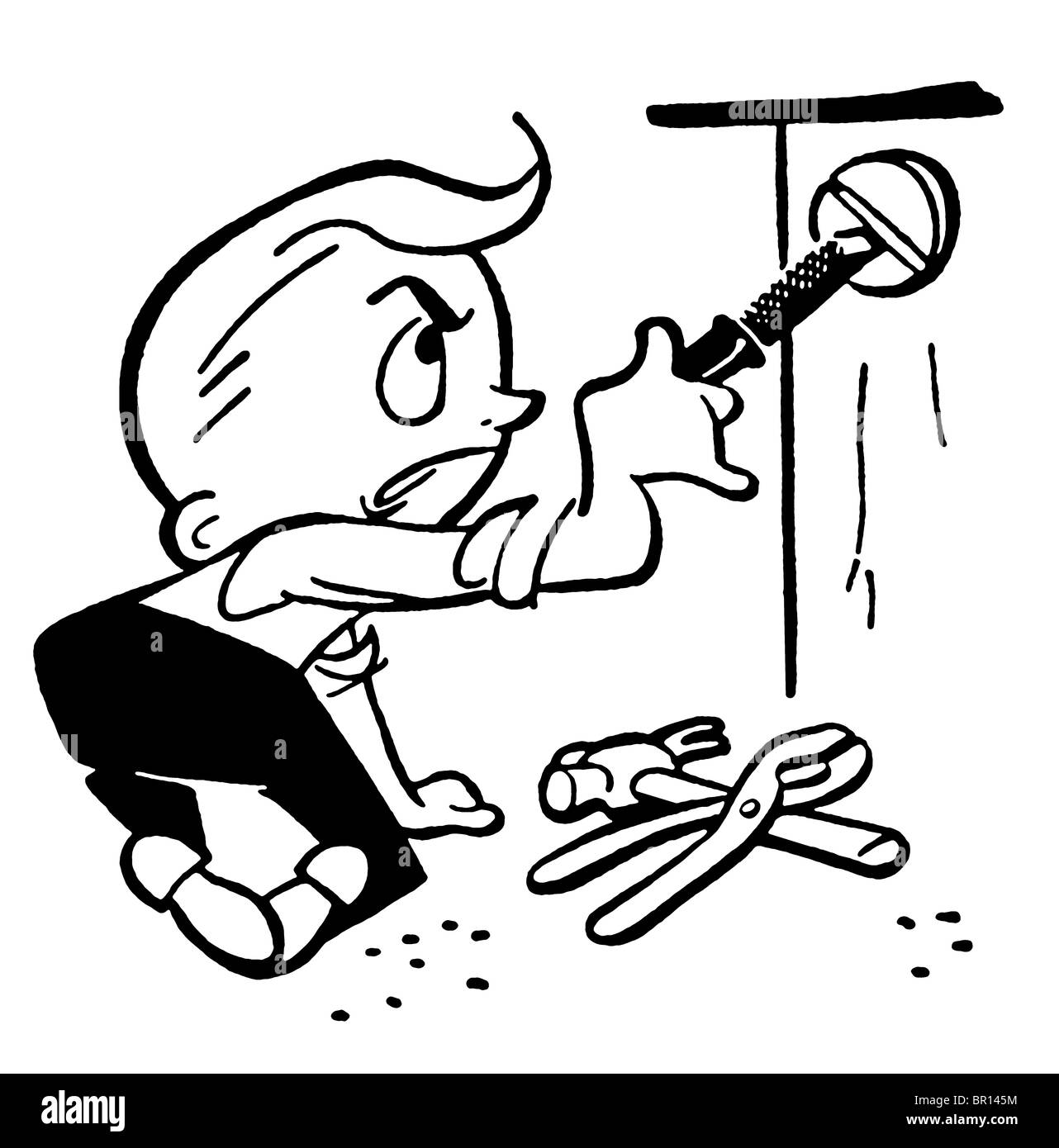 A black and white version of a cartoon style drawing of a young boy doing construction Stock Photo