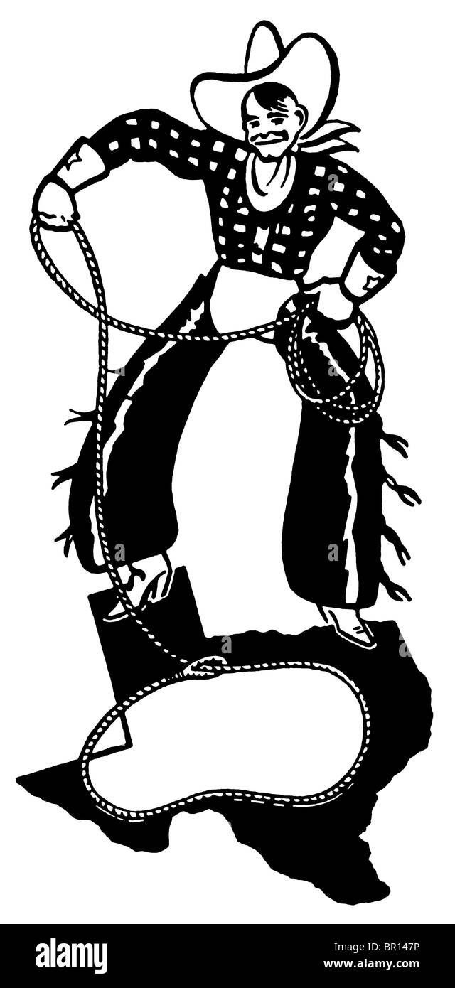 A black and white version of a cartoon style drawing of a cowboy Stock ...