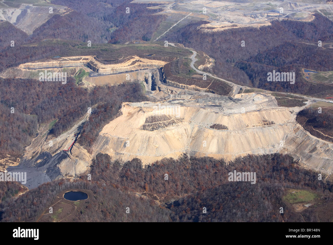 Aerial view of a mountaintop removal coal mining operation in West
