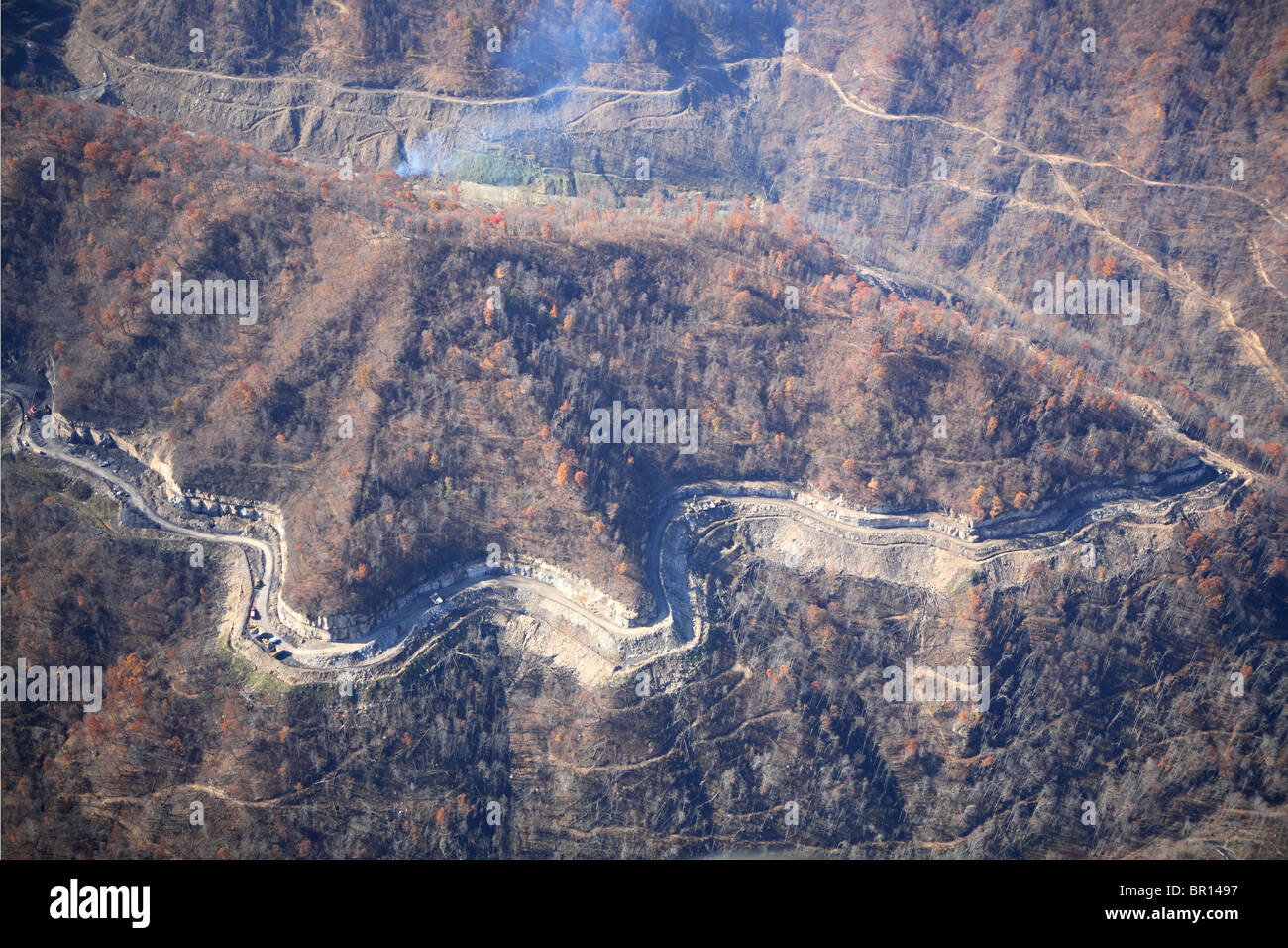 Aerial view of a mountaintop removal coal mining operation near