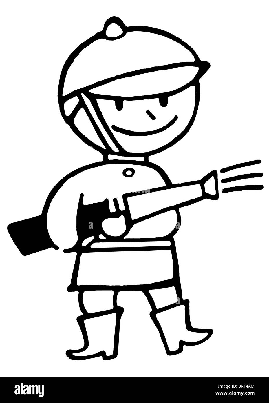 A black and white version of a cartoon style drawing of a fireman Stock Photo