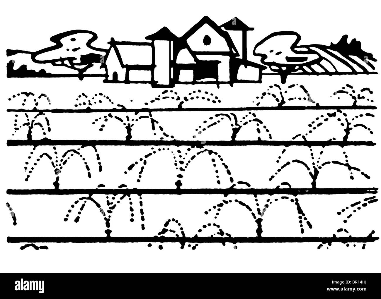 A black and white version of an illustration of a farmhouse Stock Photo