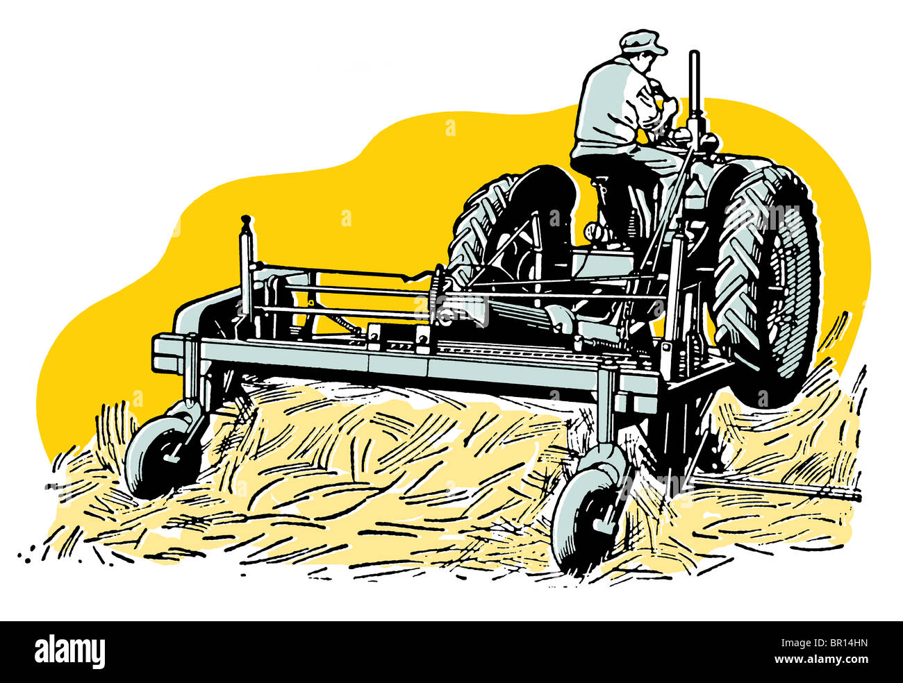 A vintage illustration of a man tending to fields with a tractor Stock Photo