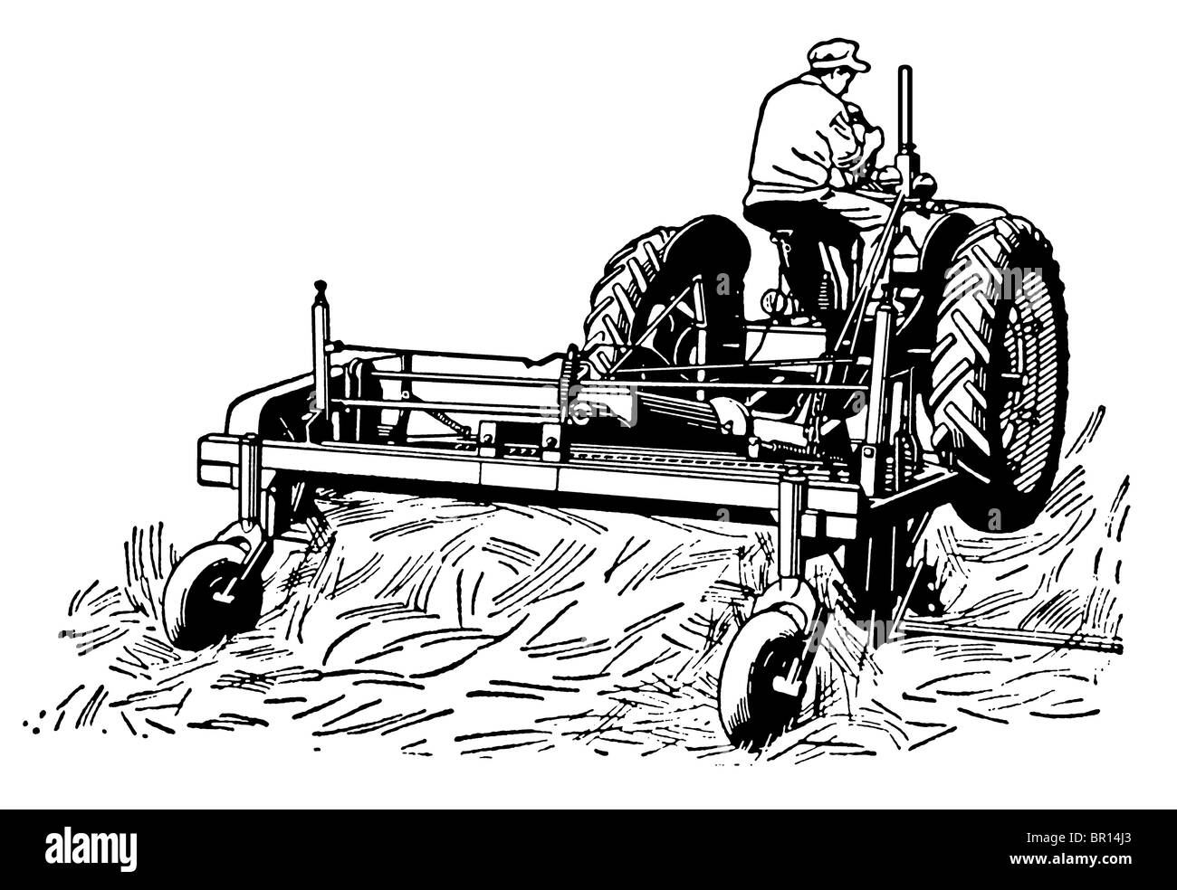 A black and white version of a vintage illustration of a man tending to fields with a tractor Stock Photo