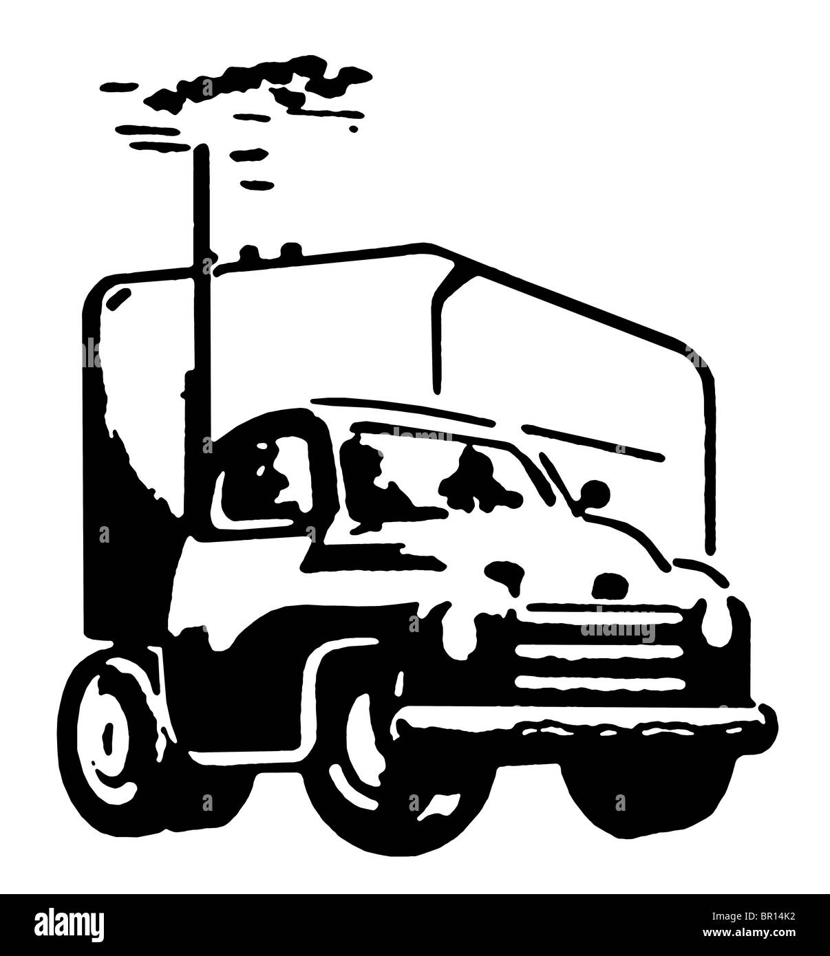 A black and white version of a vintage illustration of a truck Stock Photo