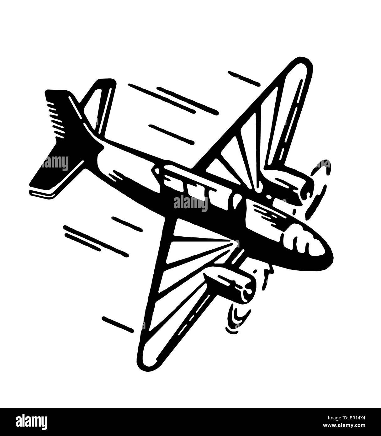 A black and white version of a vintage illustration of an airplane Stock Photo