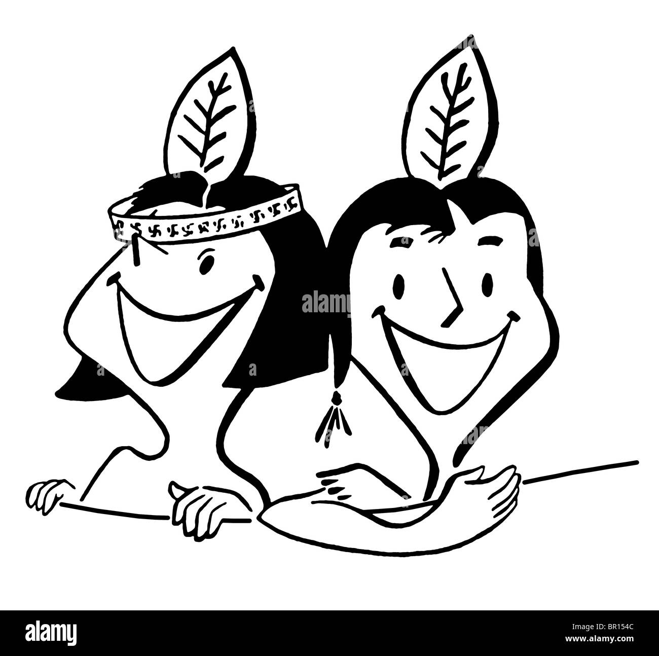 A black and white version of a cartoon style vintage illustration of two young children Stock Photo