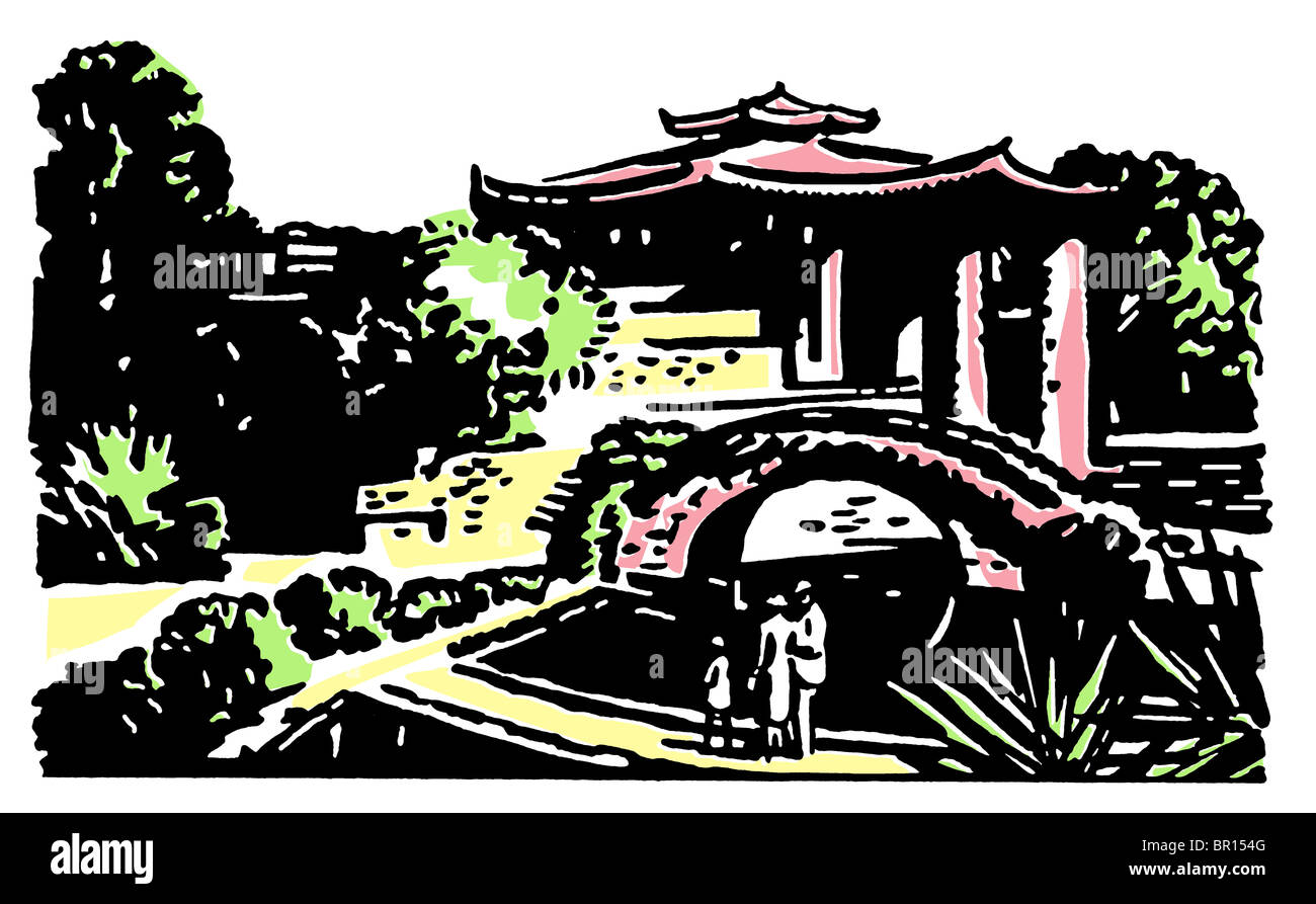 A vintage illustration of Japanese gardens Stock Photo