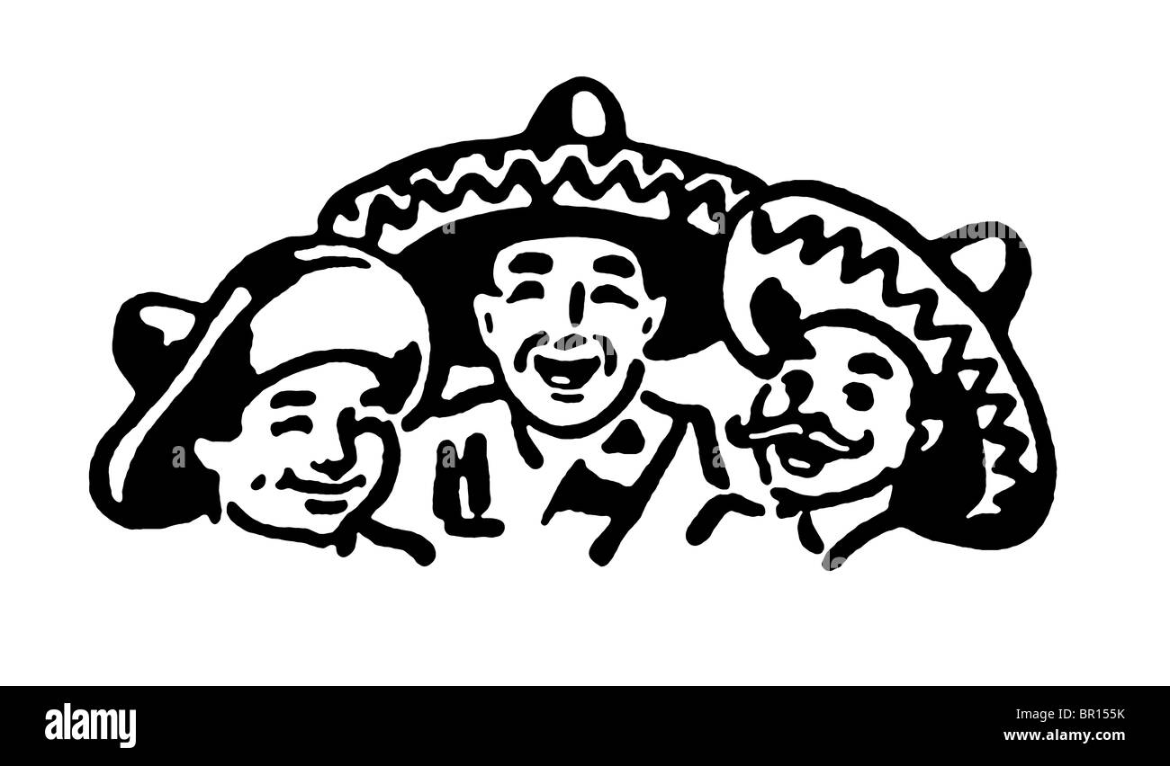 A black and white version of a graphic illustration of a traditional Mexican family Stock Photo