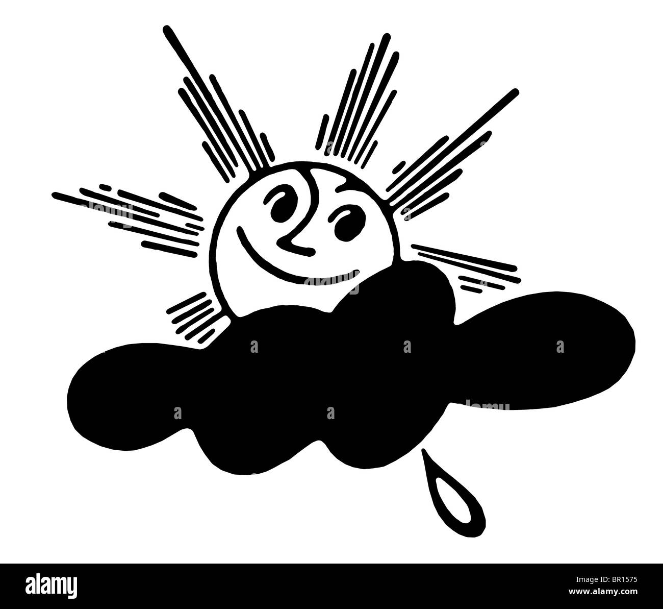 A black and white version of a cartoon style image of a shining sun Stock Photo