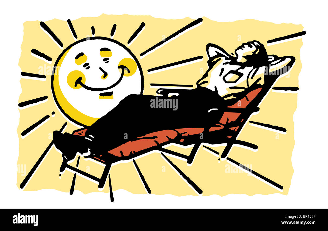 A cartoon sun shining over a person basking in the sun Stock Photo