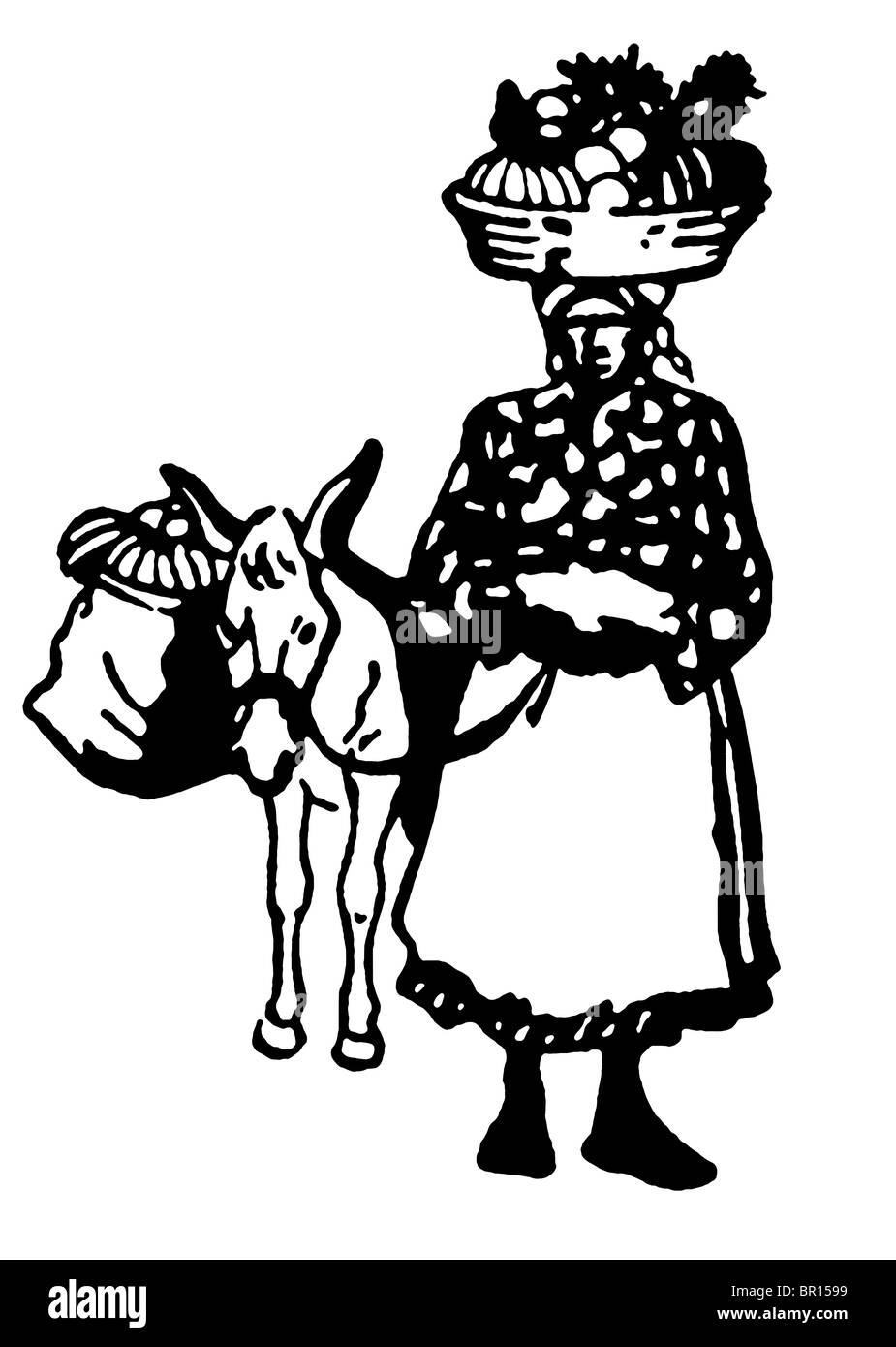A black and white version of a vintage illustration of a woman carrying positions in a basket on her head Stock Photo