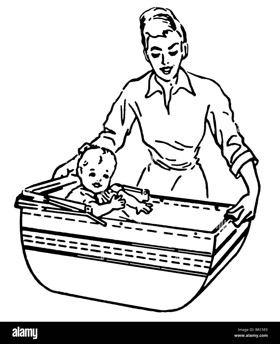 A black and white version of a vintage style illustration of a woman and baby Stock Photo