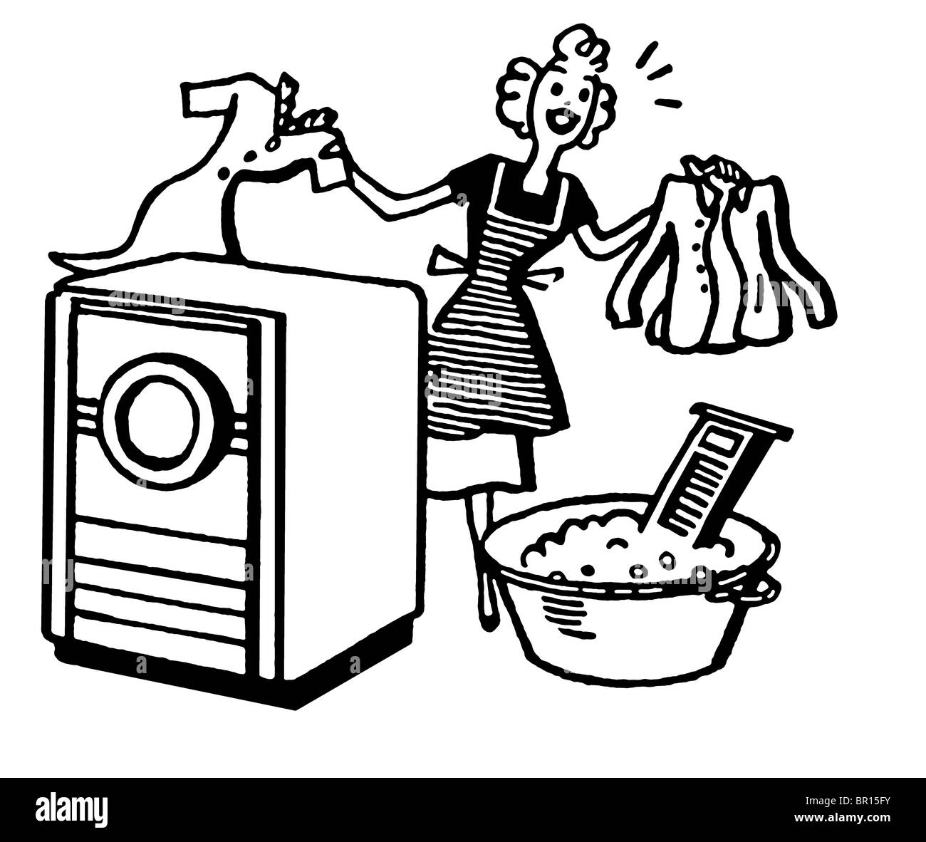A black and white version of a cartoon style vintage illustration of a  woman doing laundry Stock Photo - Alamy
