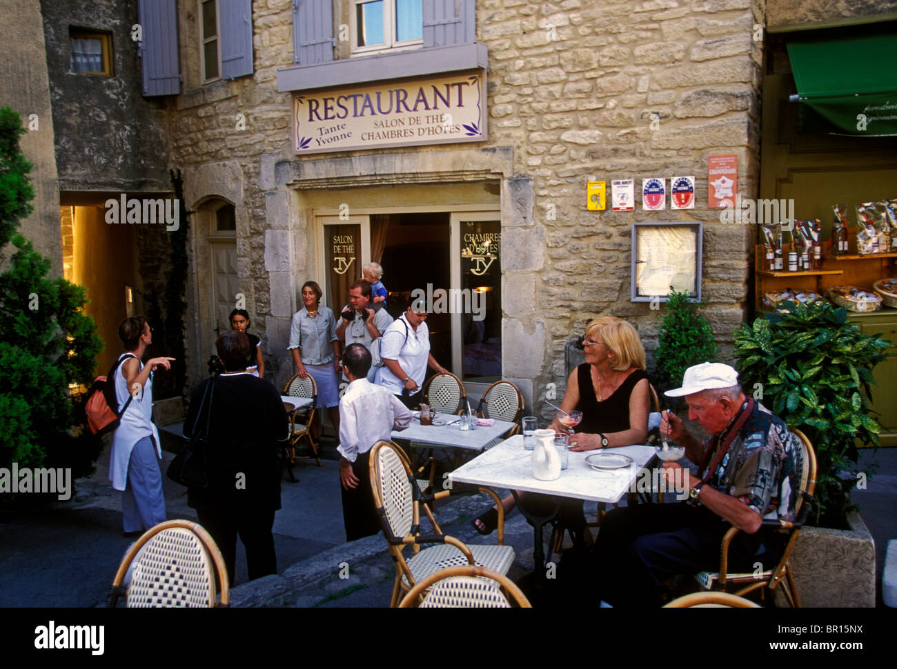 French people, tourists, French restaurant, French food and drink, food and drink, guest house, village of Gordes, Gordes, Vaucluse, France, Europe Stock Photo