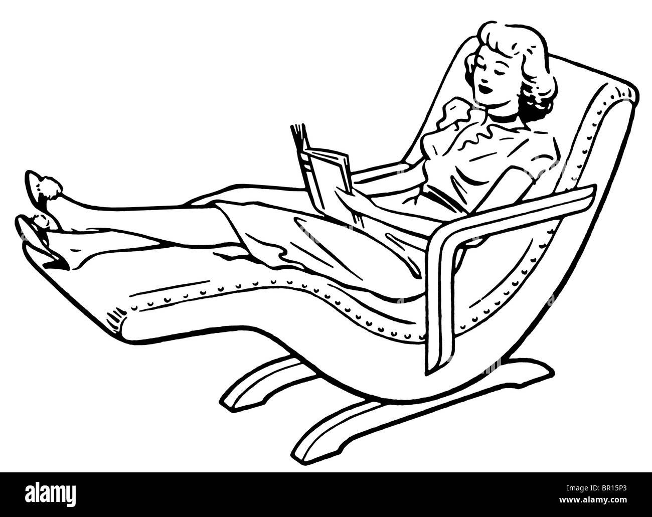 A black and white version of a vintage style portrait of a woman relaxing on a deck chair Stock Photo