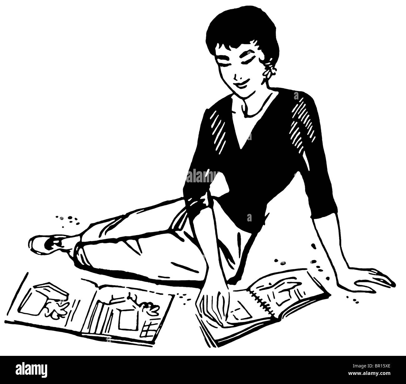 A black and white version of a vintage image of a woman flicking through magazines Stock Photo