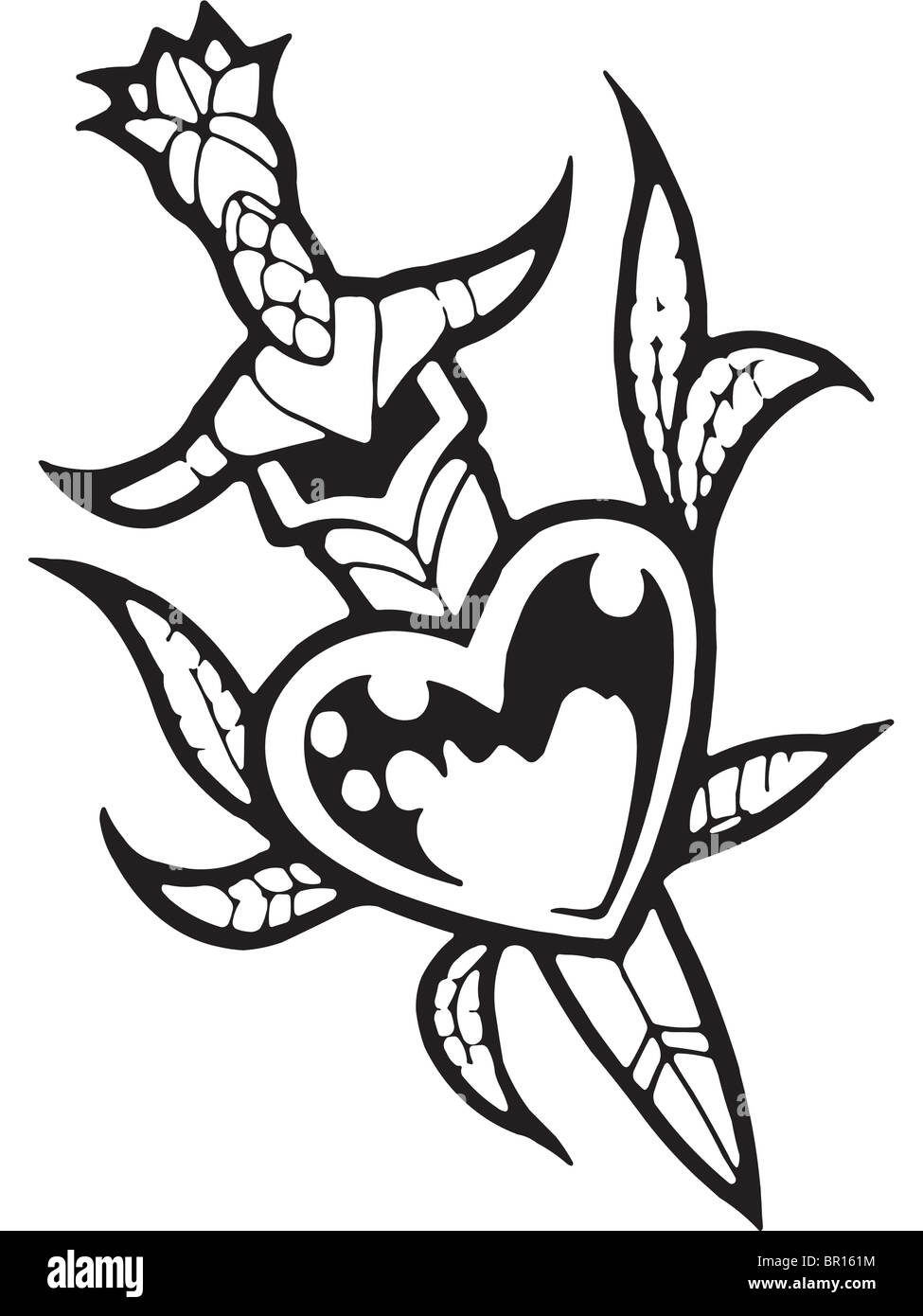 A black and white version of a stencil of a heart with a dagger through it Stock Photo