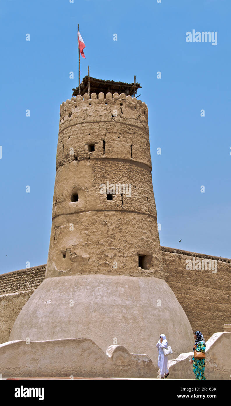 Crenellated Watch Tower Al Fahidi Fort now houses Dubai Museum and is the oldest building in Dubai UAE Stock Photo