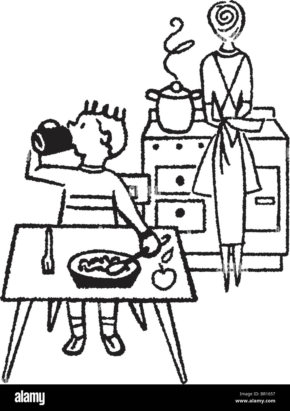 A black and white version of a young boy eating at a table with his mother in the kitchen Stock Photo