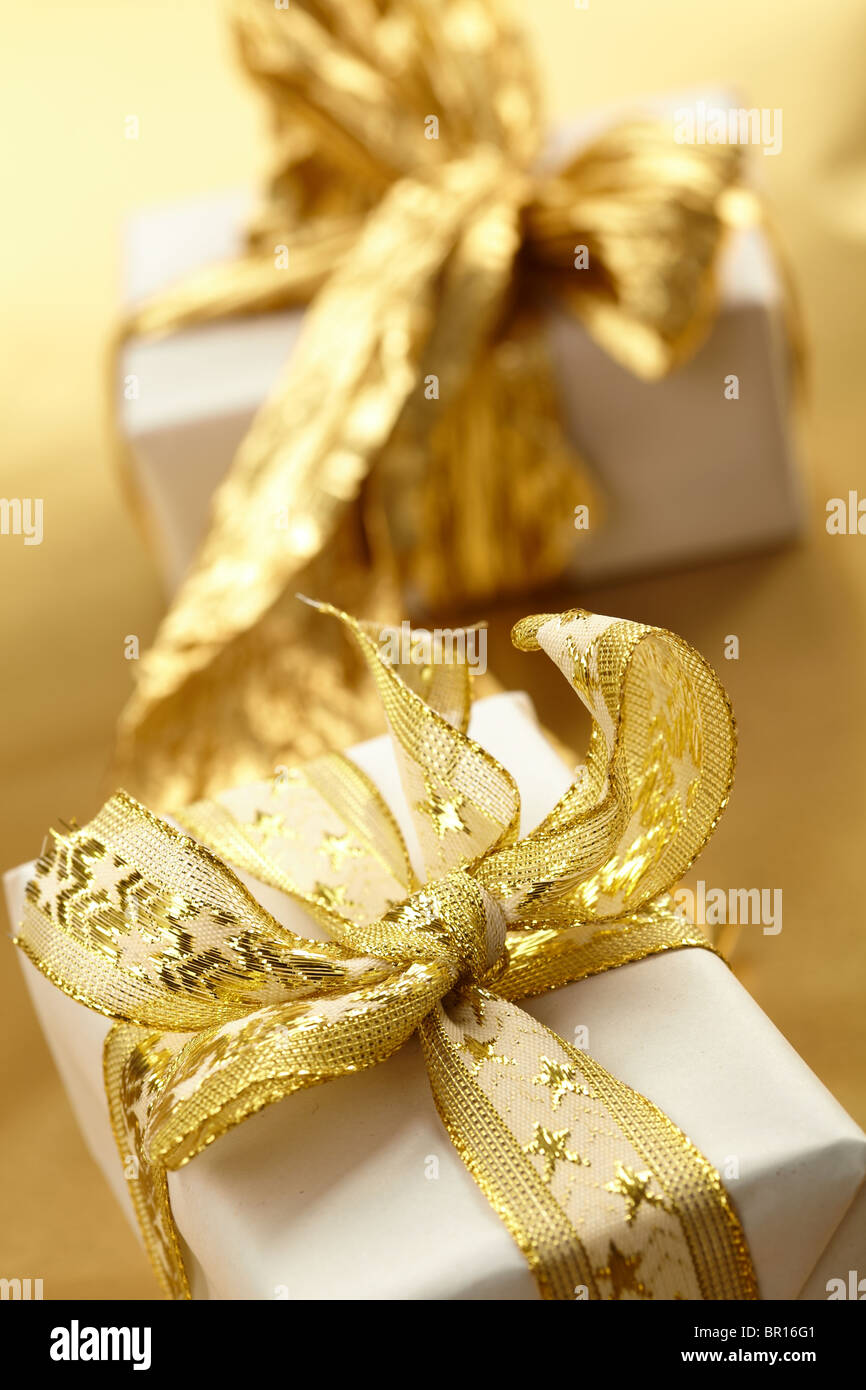 gift box with gold ribbon Stock Photo Alamy