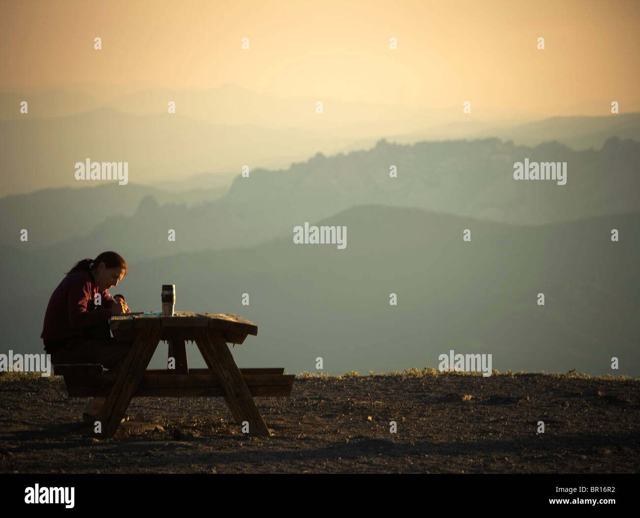 Woman sitting at a picnic table Stock Photo Alamy