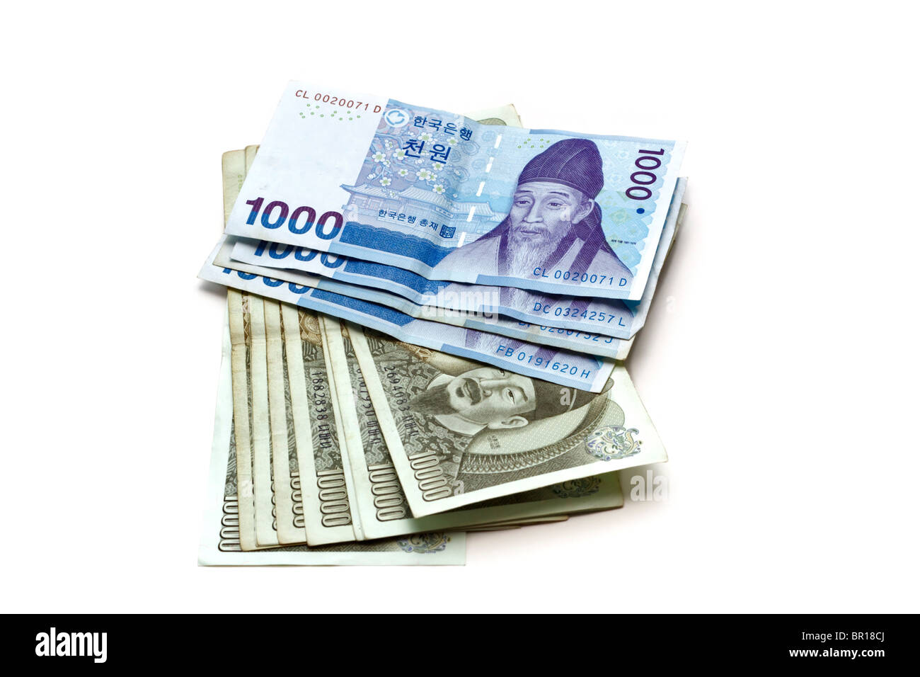 South Korean Won one thousand and one hundred thousand bills Stock Photo