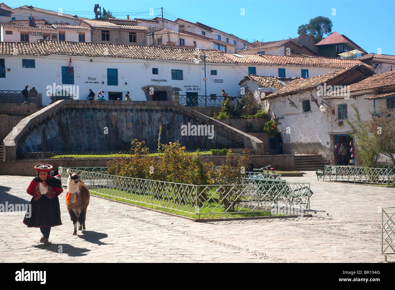 Typical stone and adobe housing surrounding San Blas Plaza in the city of Cusco, Peru Stock Photo