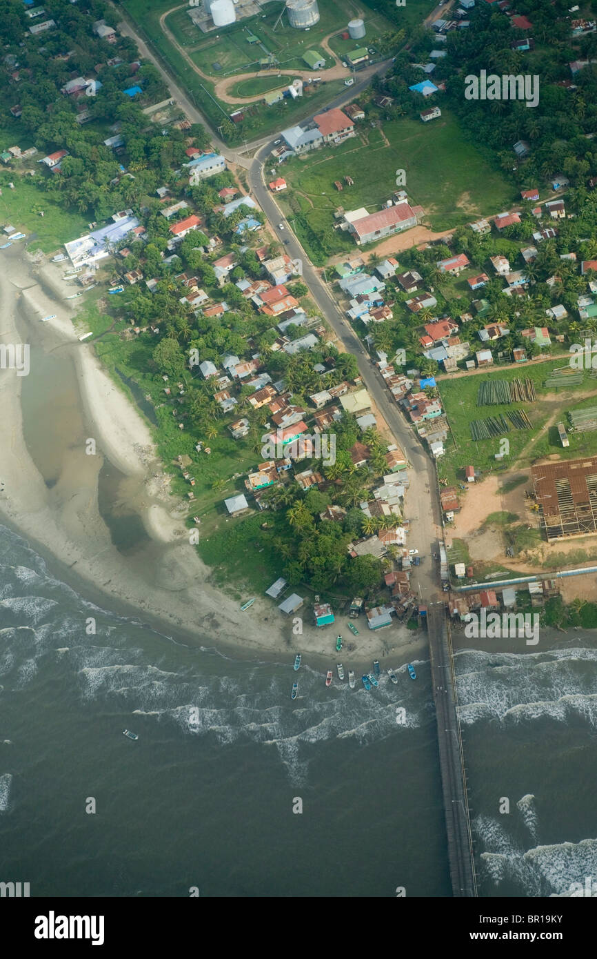 An aerial view of the pier and beachfront of Puerto Cabezas, in Bilwi, Nicaragua. Stock Photo