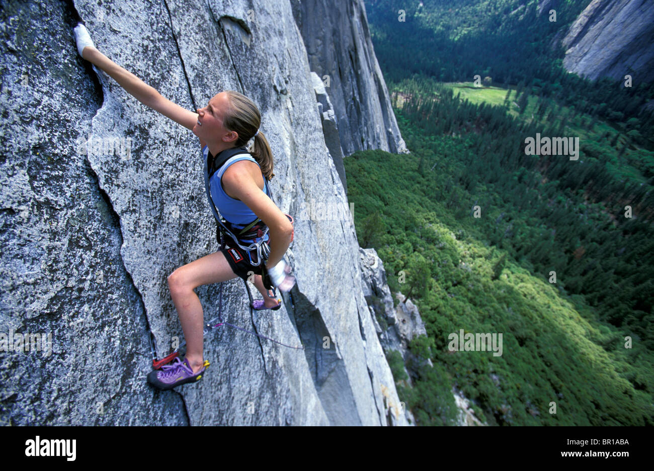 A woman rock climbing on El Capitan, Yosemite National Park, California