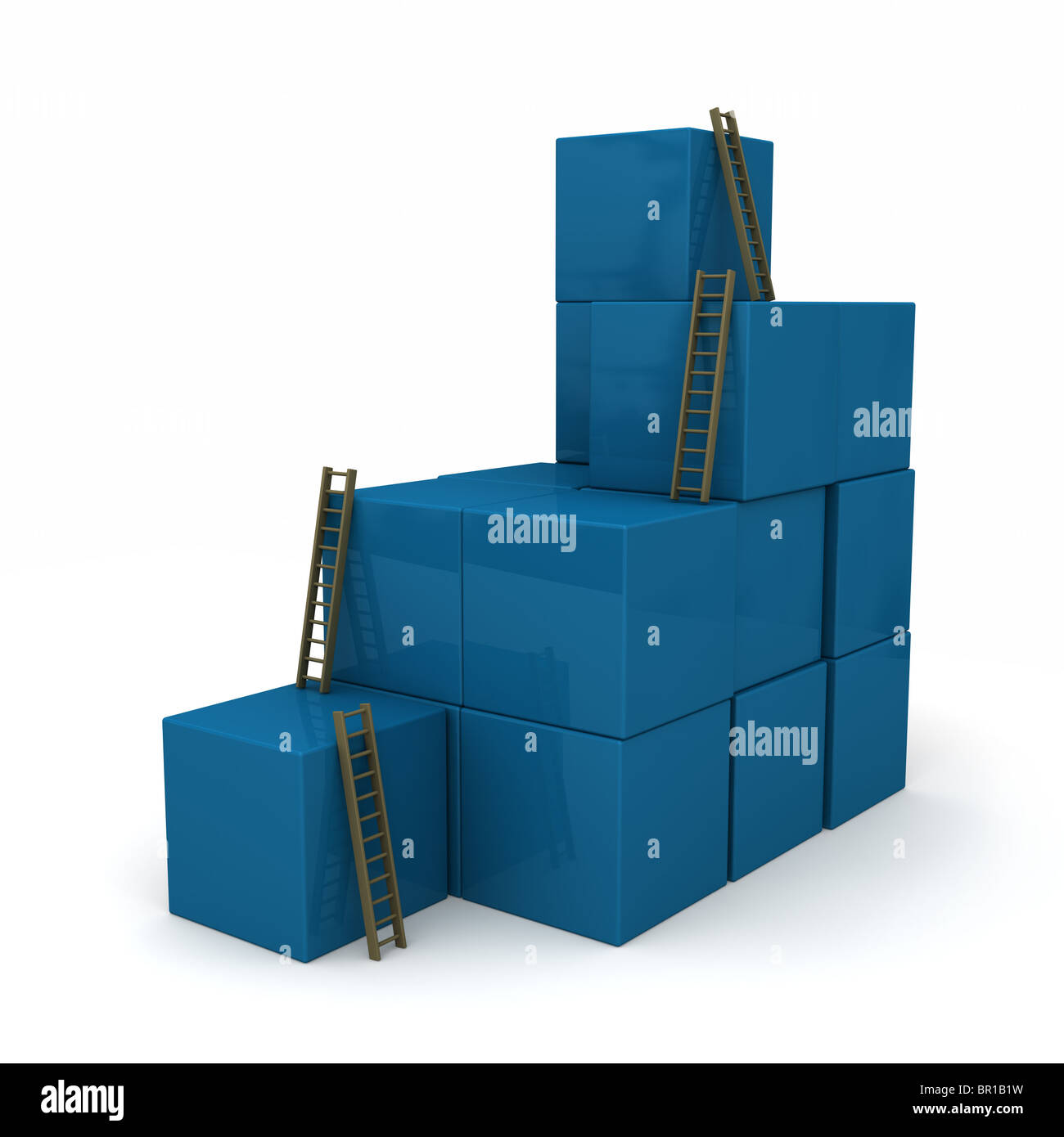 Blue blocks randomly stacked with ladders to the top. Isolated on white Stock Photo