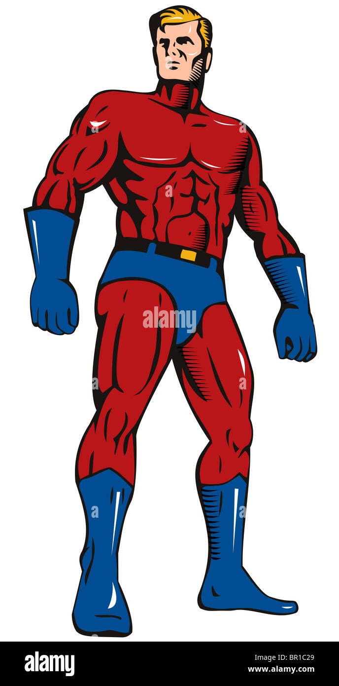 comics style illustration of a superhero running punching isolated on white background Stock Photo