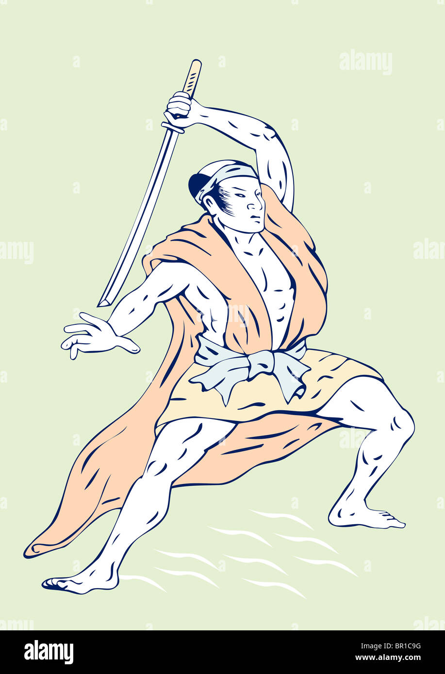 illustration of a Japanese samurai warrior in fighting stance with