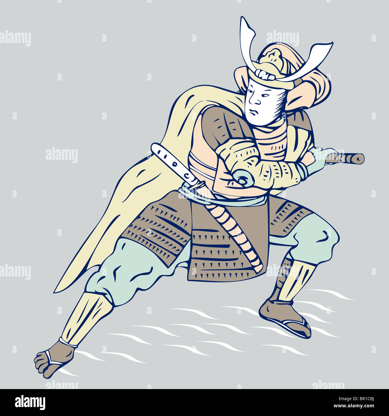 illustration of a Japanese samurai warrior in fighting stance with samurai katana sword Stock Photo