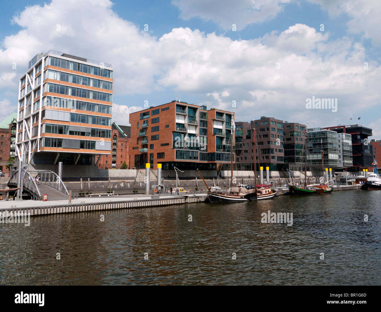 Modern apartment buildings constructed Sandtorhafen in new Hafencity