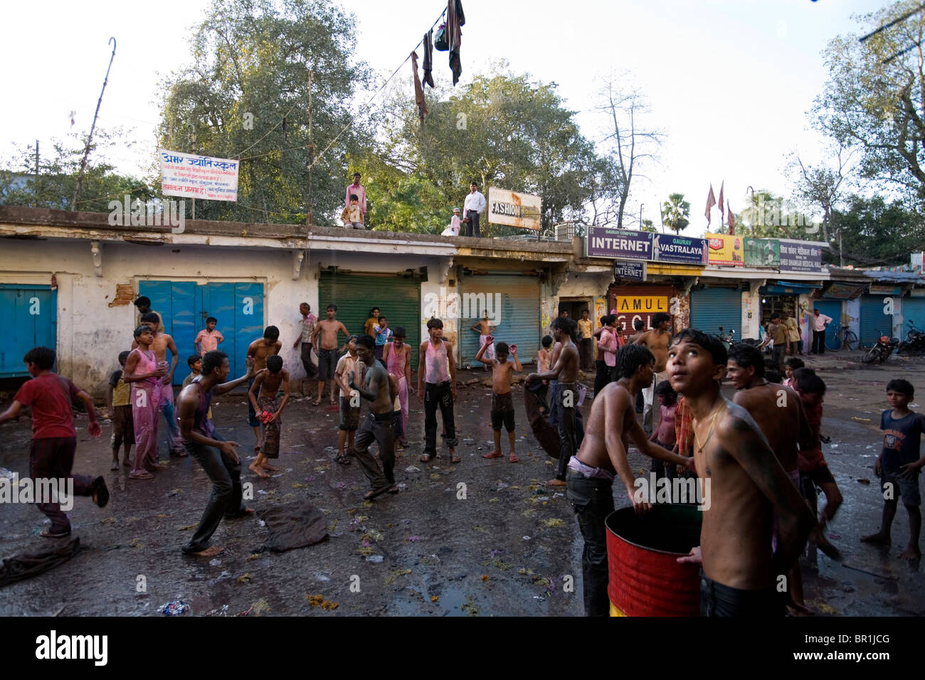Celebration for the holi festival, Bodhgaya, Bihar, India Stock Photo