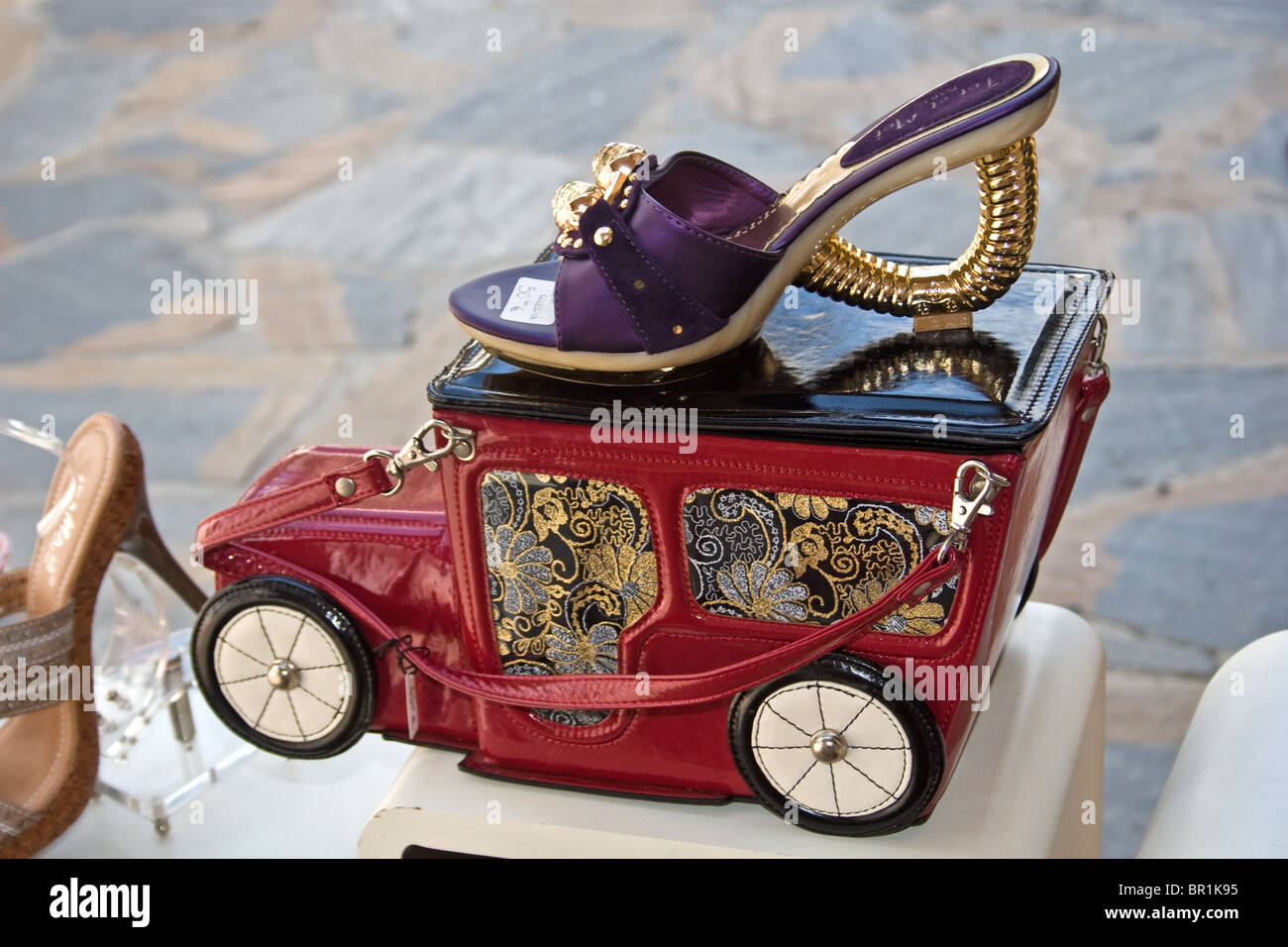 Shoes and handbags, fashion shop outdoor display, Old Town, Marbella, Costa del Sol, Andalucia, Spain Stock Photo