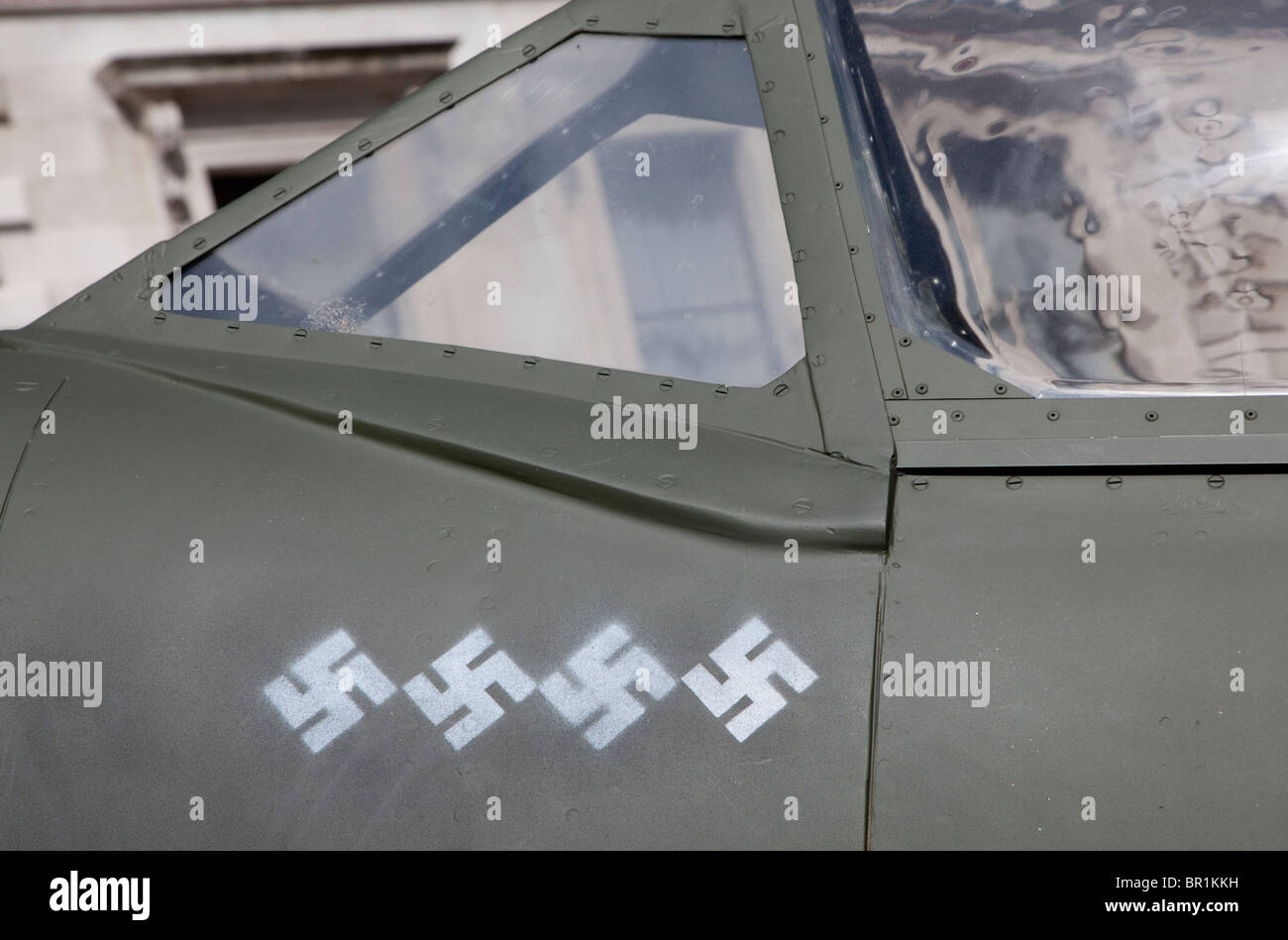German Swastikas 'score' on replica WW2 RAF Spitfire, London Stock Photo