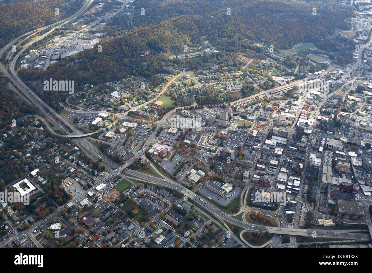 Aerial view of downtown Asheville, NC in the fall. Stock Photo