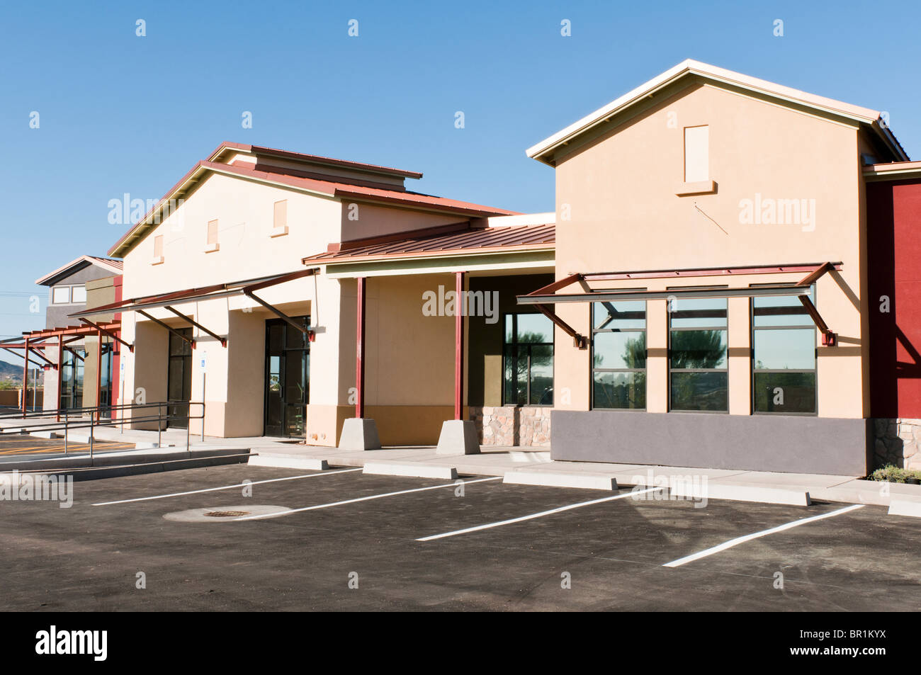 A new retail strip mall is nearing completion in Arizona. Stock Photo