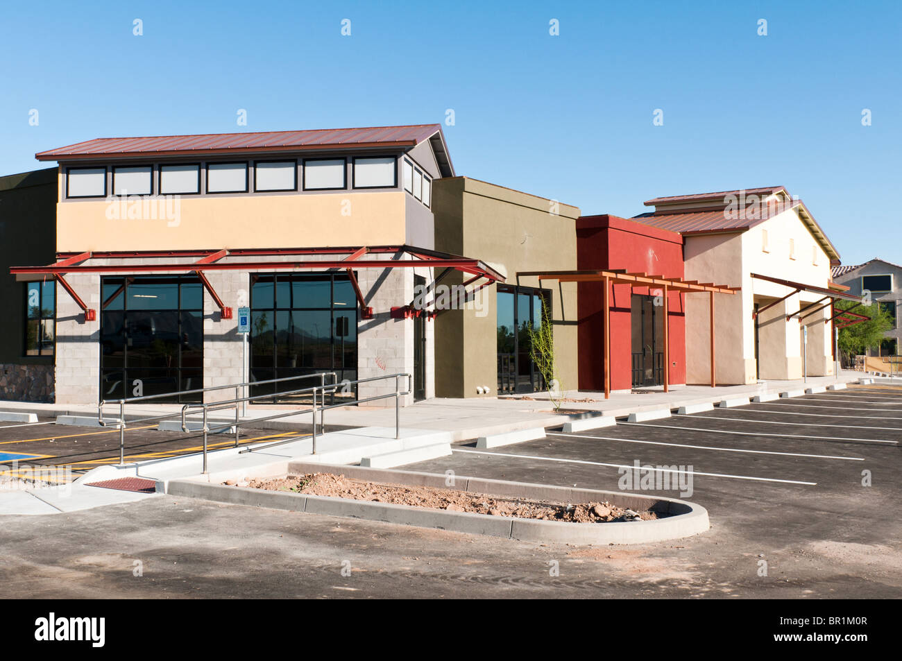 A new retail strip mall is nearing completion in Arizona. Stock Photo