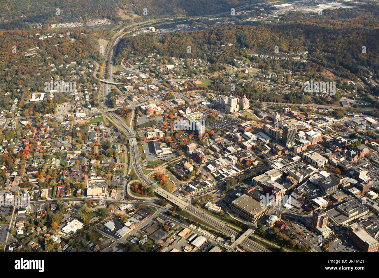Aerial view of downtown Asheville, NC in the fall. Stock Photo