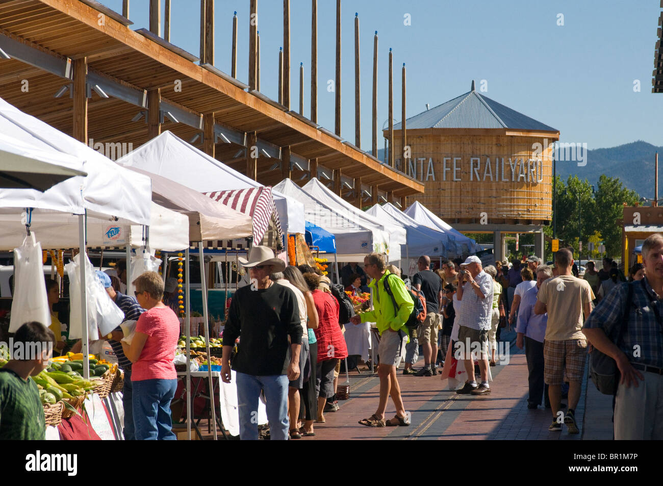 Santa Fe New Mexico farmers market at the renovated rail yard Stock